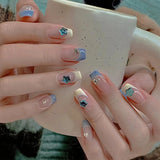 Yeknu  24pcs Short False Nail Gradient Color With Glitter Sequins Design Fake Nails Patch Full Cover Artificial Acrylic Nail Tips