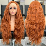 Yeknu  Daules Ginger Deep Wave Wig Long Wavy Curly Synthetic Hair Free Part Dark Orange Water Wave 13X4 Lace Front Wigs for Women Daily