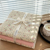 Yeknu Ins floral print Bedding set knitted cotton Flat sheet set Four pieces duvet cover double layer-yarn 4Pcs lovely Fitted sheet