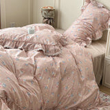 Yeknu  Korean Princess Style Ruffles Flower Print Bedding Set Duvet Cover Set Bed Skirt Bedspread Pillowcases 100% Cotton Home Textile