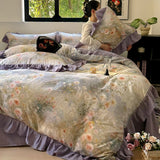 Yeknu Nordic Bedding Sets 100% Cotton Floral Flat Bed Sheet Set 2 Pillowcases Skin-Friendly Queen King Double Size Bed Linen Set