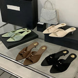 Yeknu  Fashion Design Pleated Hollow Out Thin Low Heels Women Slippers Summer Pointed Toe Party Dress Female Shoes