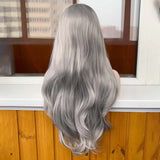 Yeknu  Highlight Natural Wave Long Wavy Synthetic Lace Front Wig Free Part Silver Grey with White Stripe Colored 13X4 Wigs for Women