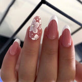 Yeknu  24pcs French Fake Nails Small Flower Diamond-Studded White-Edged Press on Nail Short Square Full Coverage Nail for Women&Girl