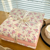 Yeknu Ins floral print Bedding set knitted cotton Flat sheet set Four pieces duvet cover double layer-yarn 4Pcs lovely Fitted sheet