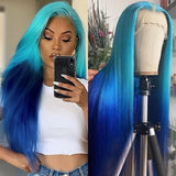 Yeknu  Long Blue Ombre Wig Silky Straight Synthetic Hair Pre Plucked Highlight Blue Gradient Colored 13X4 Lace Front Wigs for Women