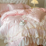 Yeknu 4/6Pcs Pink Butterfly Jacquard Three-layer Lace Ruffles Princess Wedding Bedding Set Duvet Cover Bed Skirt Bedspread Pillowcases