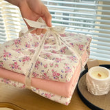Yeknu Ins floral print Bedding set knitted cotton Flat sheet set Four pieces duvet cover double layer-yarn 4Pcs lovely Fitted sheet