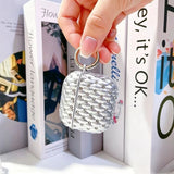 Yeknu  Portable shiny rhinestone earphone case protective cover, silver quilted protective cover with keychain