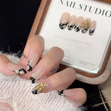 Yeknu  10pcs Retro Black and Gold Flower Handmade Press on Nails French-Style Painted False Nail for Women&Girl Removable Wearable Nail