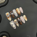 Yeknu  10pcs Handmade Almond Press on Nails Autumn Retro Brown Fake Nails Wearable Silver Butterfly Baroque Design Wearable False Nails