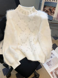 Yeknu  Women's White Mohair Pullover Sweater Vintage Harajuku Y2k Long Sleeves Cashmere Sweaters Aesthetic 2000s Fashion Clothes Autumn
