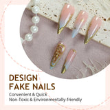 Yeknu  24PCS 3D Gold Leaf Press on Nails European and American Fake Nail Long Pointed Full Coverage Nail Tips for Women&Girl False Nail