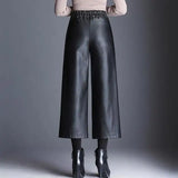Yeknu  Plus Size Pu Faux Wide Leg Ankle-length Pants Women Baggy Black Shiny High Waist Womens Loose Pant Korean Trousers