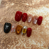 Yeknu  10Pcs Handmade Press On Nails Short Oval Red&Black Fake Nails With 3D Bow Glitter Decor Reusable Acrylic False Nails For Women