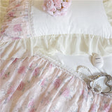 Yeknu  Flowers Lace Ruffles Princess Wedding Bedding Set Full Queen King Duvet Cover Bed Skirt/Bed Sheet/Fitted Sheet Pillowcases 4Pcs