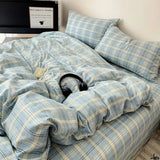 Yeknu  Fashion Pure Cotton Grid Pattern Bedding Sets Skin Friendly Comfortable Bed Sheet Set for Adults Dormitory Home Quilt Cover Kit