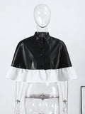 Yeknu  Elegant Mesh Patchwork Short Cape Coats Women Small Stand Collar Single Button Ruffle Hem Cloak Jacket Autumn Ladies Coat