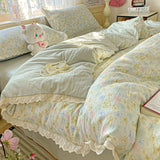 Yeknu Floral Bedding Set Korean Style Duvet Cover Set Bed Linen Set Flat Sheets Set 2 Pillowcases Single Double Queen Size For Student