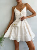 Yeknu  Jastie Spring Summer Women's Linen Cotton Dress Vintage  A-line Sling Dress Sexy Hot Girl V-neck Camisole RUFFLES Dress