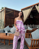 Yeknu Women Striped Fringe Irregular Strapless Top Set Fashion Loose High Waist Wide Leg Pant 2 Pcs Sets Spring Summer Lady Beach Suit