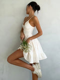 Yeknu  Jastie Spring Summer Women's Linen Cotton Dress Vintage  A-line Sling Dress Sexy Hot Girl V-neck Camisole RUFFLES Dress