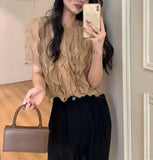 Yeknu  Spring Pullover Long Sleeve Tops Women Loose Pleated Fashion Ladies Cropped Blouses Ruffled Lace Mesh Hollow Woman Tops