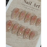 Yeknu  10pcs Handmade Almond Shaped Nail Art Pieces, Inlaid With Golden Flower Strips Detachable and reusable