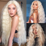Yeknu  Natural Curly Wavy Platinum Blonde Synthetic Wig Free Part Long Water Wave White Blonde Heat Resistant Fiber Wigs for Women