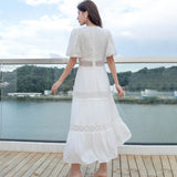Yeknu  Jastie Spring Summer Vacation Beach Dress French Retro Embroidery Lace Maxi Dress Female V-neck Puff Sleeve Women Vestidos