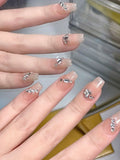 Yeknu 10Pcs Handmade Press on Nails Full Cover Cat Eye Rhinestone Design Nude Color French Ballerina False Nails Manicure Nail Tips
