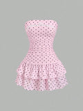 Yeknu  Sweetra New Winter French Fashion Polka Dot Lace Ruffle Bow Design Office Commute Casual Cute Sweet Style Strapless Bodycon Cinc