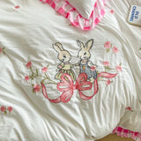 Yeknu Peter Garden Rabbit Bedding Set Double Layer Lace Plaid Duvet Cover Set Bed Sheets Set Pillowcase Single Double Queen Size Decor