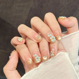 Yeknu  10pcs Fake Nails Pink Gold Cat Eyes Shiny Handmade Press On Nails Fashion 3D Flowers Decor False Nail Tips Wearable Full Cover