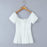 Yeknu  Lace Stitching Pleated Shirt Summer Short Sleeve Square Collar Elegant White Tops For Women Blouses Shirts