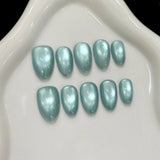 Yeknu  10pcs Handmade Short Almond Press on Nails Blue Ocean Aurora Fake Nail Tips Wearable Reusable Shiny Cat Eye Design False Nails