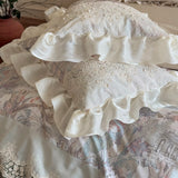 Yeknu  4Pcs French Romantic Floral Printed Egyptian Cotton Bedding Set With Lace Edge Duvet Cover Flat Sheet Pillowcases