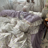 Yeknu 3/4Pcs Korean Princess Style Floral Ruffles Bedding Set Skin-friendly Soft Duvet Cover Set Bed Sheet Or Bed Skirt Pillowcases