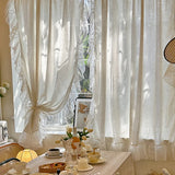 Yeknu  1Pc,Beige Linen-like Semi-Shade Curtains with White Ruffled Lace Trim, Suitable For Bedrooms,   French Romantic Living Room Wind