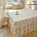 Yeknu  100%Cotton King Queen Bed Skirt Ruffle Cotton Quilted 18Inch Bed Skirt Thick Quilted Bed Cover Dustproof Bed Skirts 2Pillowcases
