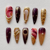 Yeknu  24pcs Gold-Plated Mystic Purple Gradient Fake Nails 3D Starburst Sweet & Edgy Pearls Press on Nail Short Almond False Nail Art