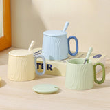 Yeknu  Chinese Style Ceramic vertical stripe Tea Mugs, Home Personal Office Creative With Cover Spoon Milk Water Coffee Cup, 320ml, 1Pc