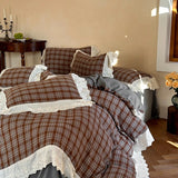 Yeknu Vintage Plaid Flowers Lace Ruffles Bedding Set 100% Cotton Double Layer Yarn Duvet Cover Flat/Fitted Bed Sheet Pillowcases 4Pcs