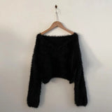 Yeknu  Autumn Winter Pullover Furry Sweater Tops Women V-Neck Korean Modis Ladies Cropped Sweaters Long Sleeve Loose Woman Sweater