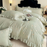 Yeknu  Chic Flowers Embroidery Ruffles Luxury Bedding Set 100% Cotton Duvet Cover Flat/Fitted Bed Sheet Pillowcases 4Pcs