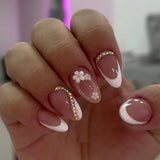Yeknu  24pcs French Fake Nails Small Flower Diamond-Studded White-Edged Press on Nail Short Square Full Coverage Nail for Women&Girl