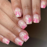 Yeknu  24Pcs Short Almond Press-On Nails Pink Floral French Tip Glossy&Elegant Full Cover Fake Nails for Women&Girls Spring,Daily Wear