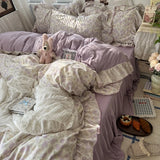 Yeknu 3/4Pcs Korean Princess Style Floral Ruffles Bedding Set Skin-friendly Soft Duvet Cover Set Bed Sheet Or Bed Skirt Pillowcases