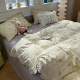 Yeknu  French style new comfortable wrinkled yarn printed lace four-piece set student dormitory three-piece set