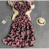 Yeknu  Retro Floral Print Chiffon Dress Women Summer Bubble Short Sleeve Slim Holiday Boho Dresses Multi-layered Ruffle Long Cake Dress